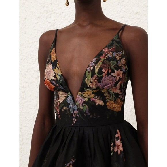Zimmermann Pavilion V Neck Mini Dress in Black Multi Floral Linen Silk AU 1 US 6 - Picture 4 of 16